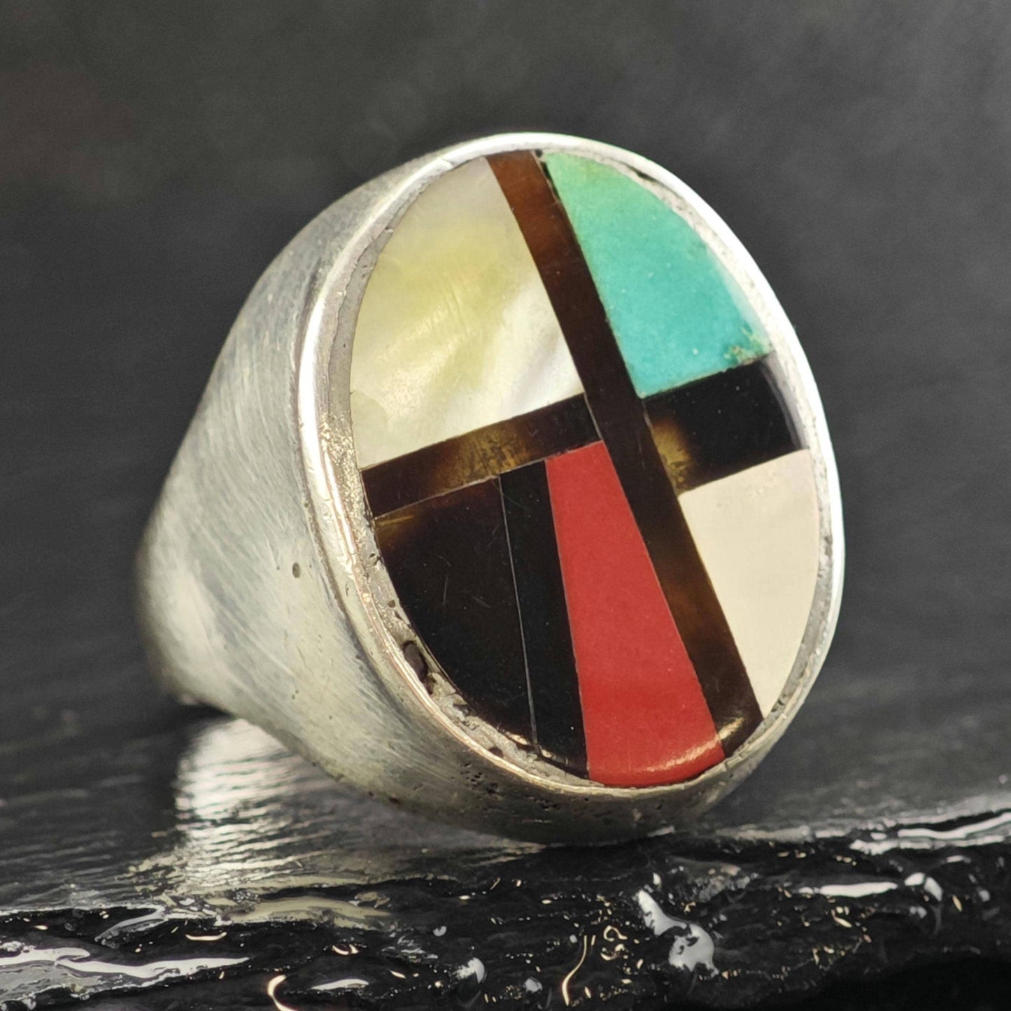 Large Native American Inlay Sterling Silver Ring Sz 12