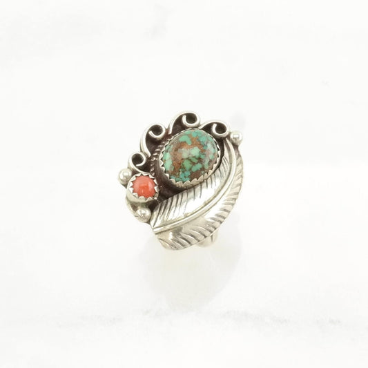 Native American Silver Ring Spiderweb Turquoise, Coral Feather Sterling Green, Red Size 6 1/2