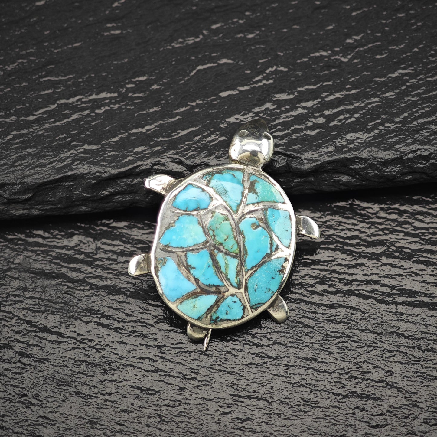 Zuni Sterling Silver Brooch Turtle, Inlay Blue Turquoise