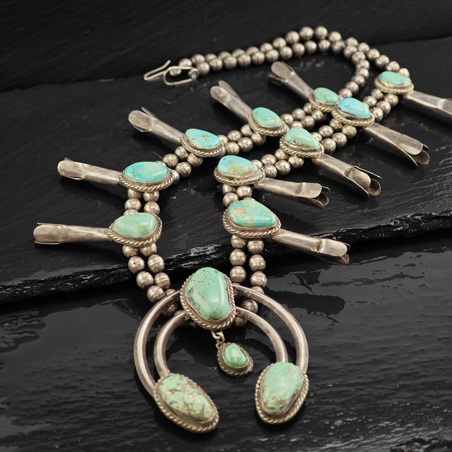 Vintage Southwest Turquoise Sterling Silver Squash Blossom Necklace N2720