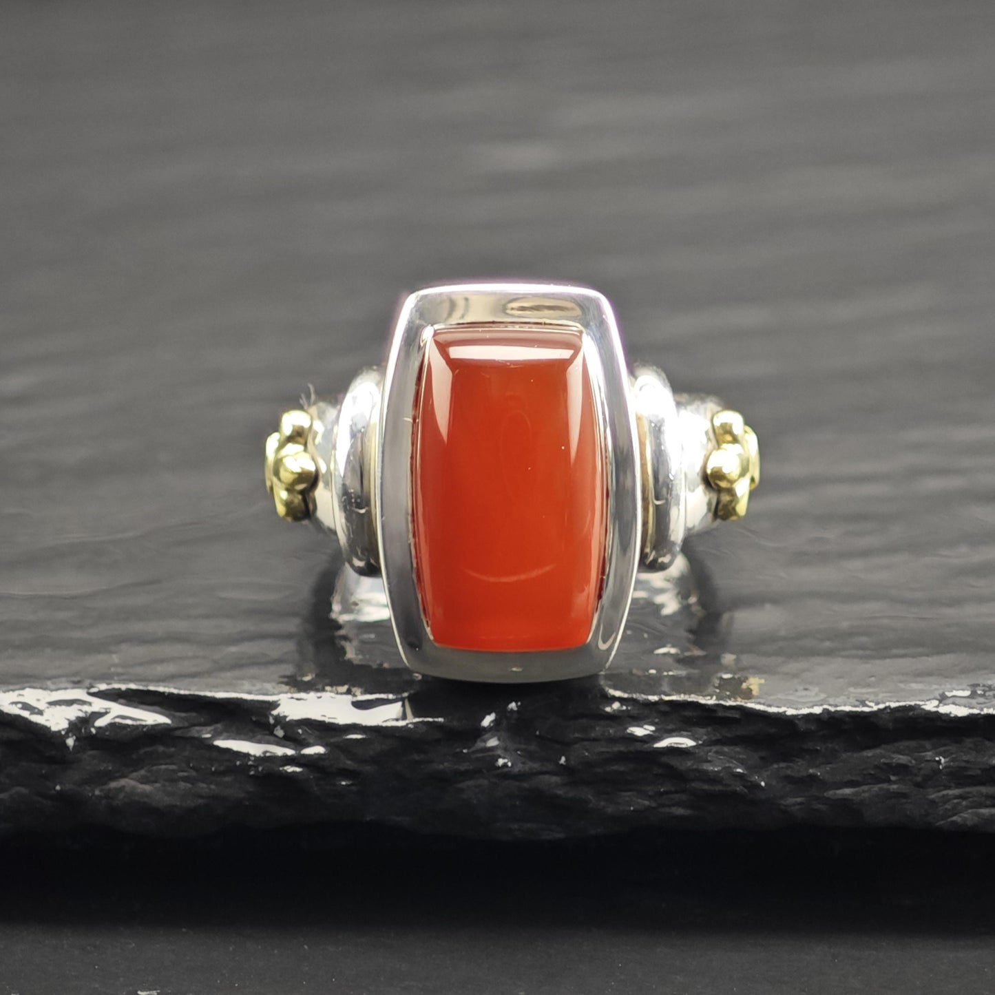 Ann King 18K Gold Carnelian Fleur-de-lis Sterling Silver Ring Sz 7 R6694