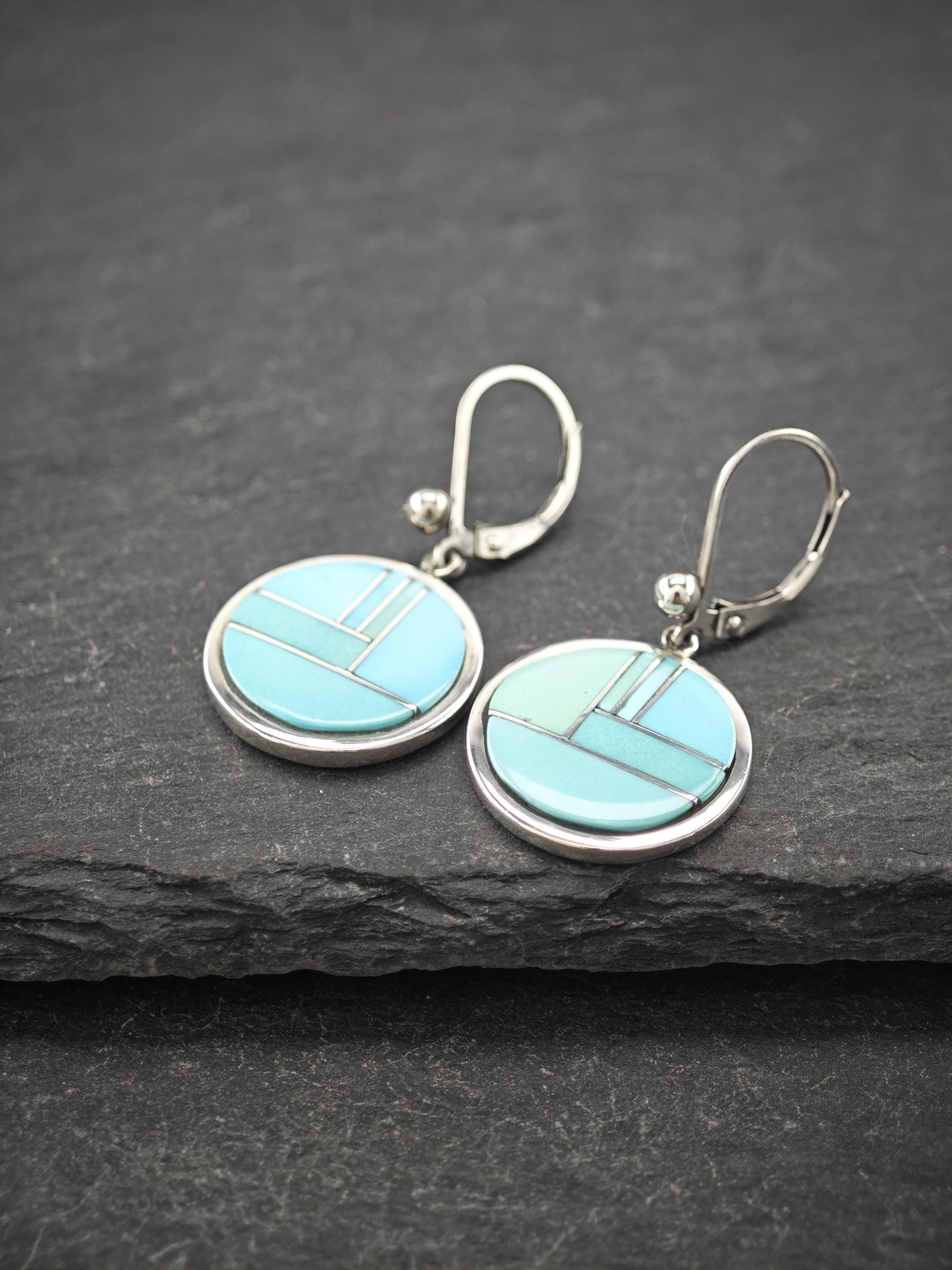 Calvin Begay, TSF, Native American Inlay Lever Back Earrings Sterling Silver