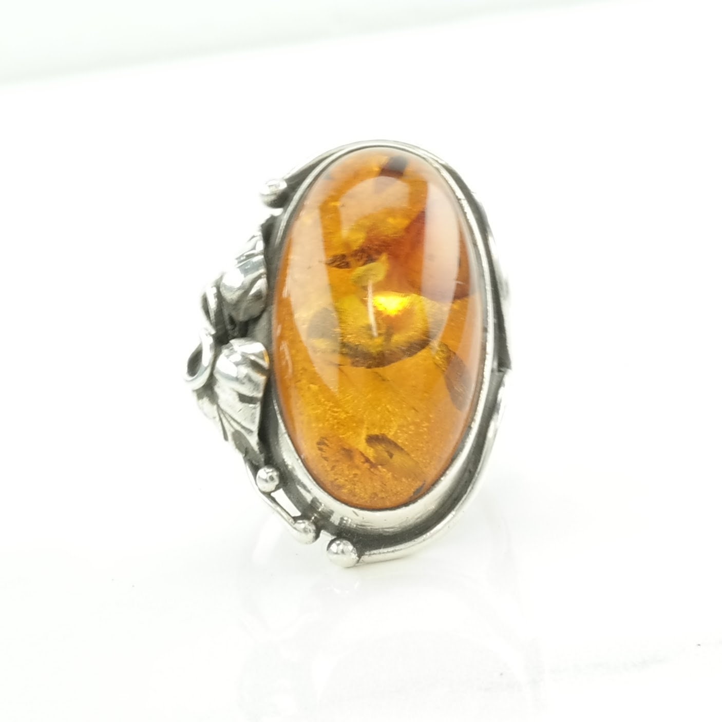 Art Nouveau Style Silver Ring Amber Sterling Orange Size 8