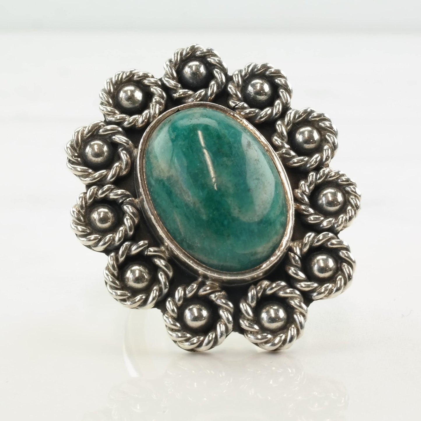 Taxco Silver Ring Turquoise Floral Sterling Green Size 6-6 1/4