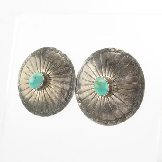 Native American Sterling Silver Blue Turquoise Large Concho Earrings Stud