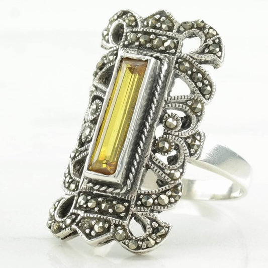 Vintage Art Deco Style Silver Ring Yellow Gemstone, Marcasite Sterling Size 9