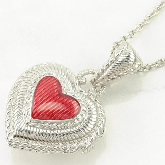 Vintage Judith Ripka Sterling Silver Red Enamel Heart Locket Necklace