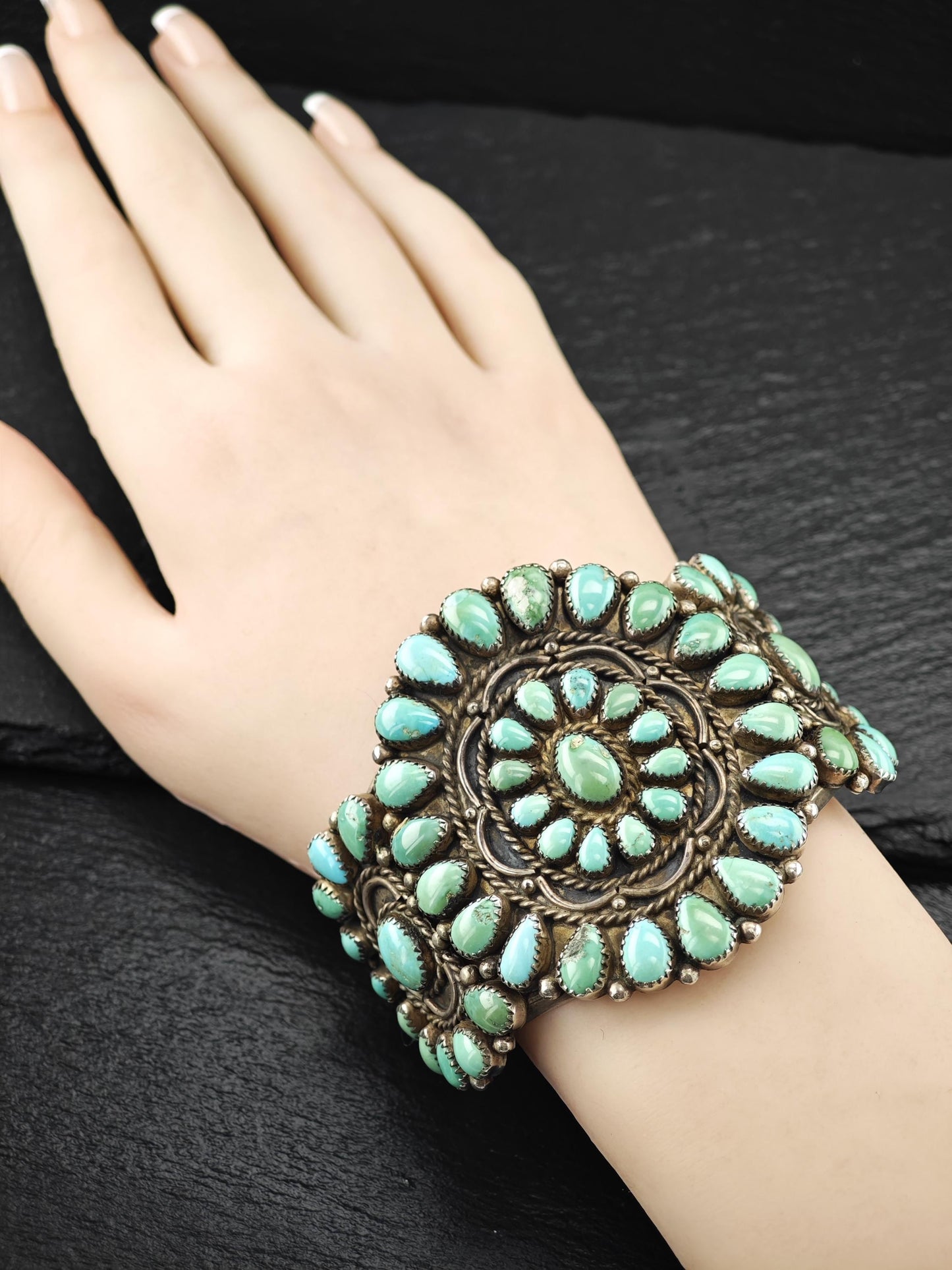 Native American Turquoise Cluster Cuff Bracelet Sterling Silver