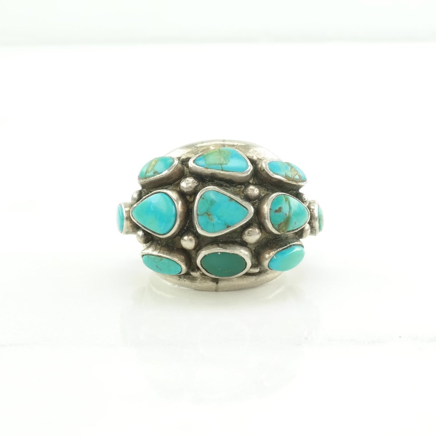 Native American Silver Ring Turquoise Cluster, Dome Sterling Blue Size 7 1/4