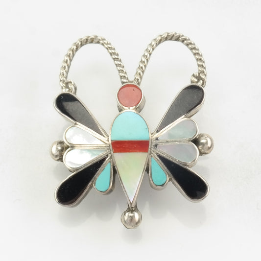 Native American Sterling Silver Brooch Pendant Inlay, Butterfly Coral, MOP, Turquoise, Jet