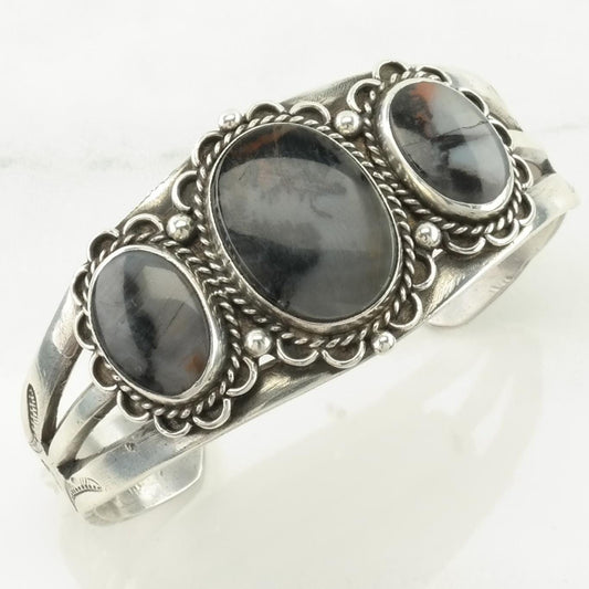 Fred Harvey Era Sterling Silver Cuff Bracelet Petrified Wood Stamped