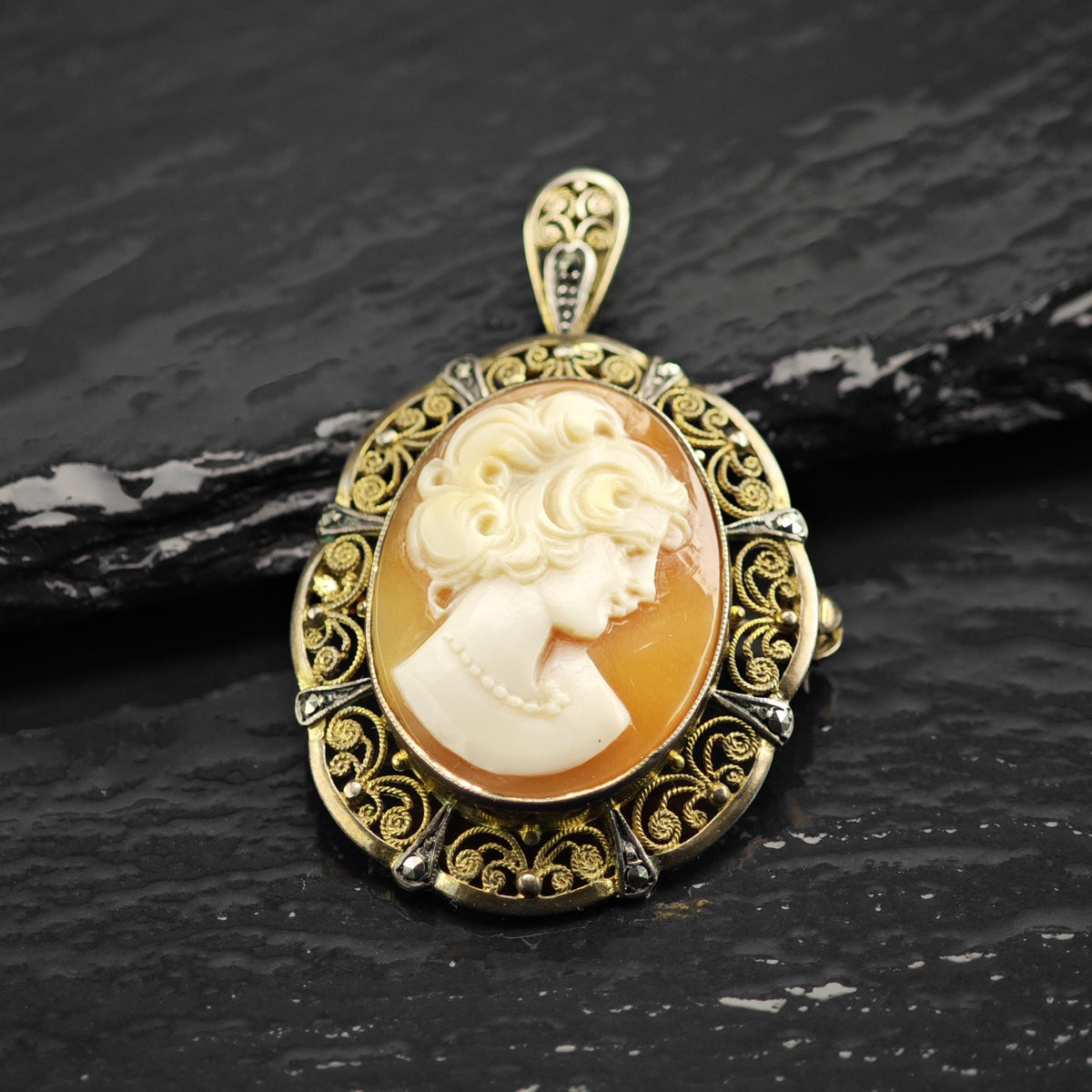 Art Deco Cameo Gold Gilded Sterling Silver Pendant/Brooch P3126