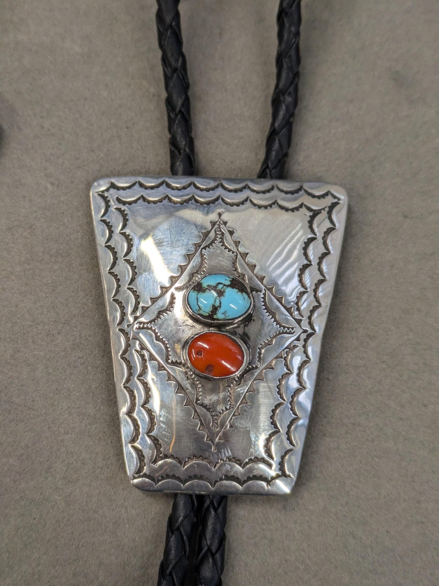 Native American Sterling Silver Blue, Red Turquoise Coral Bolo Tie Necklace