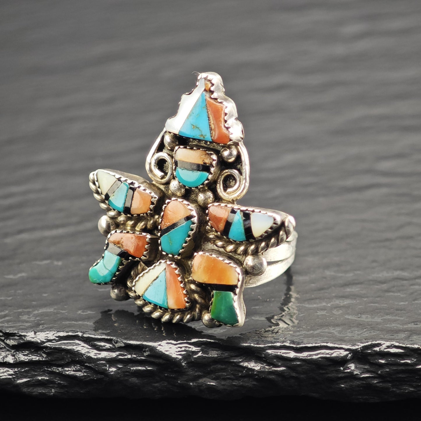 Zuni Inlay Dancer Sterling Silver Ring Sz 6 3/4 R6624