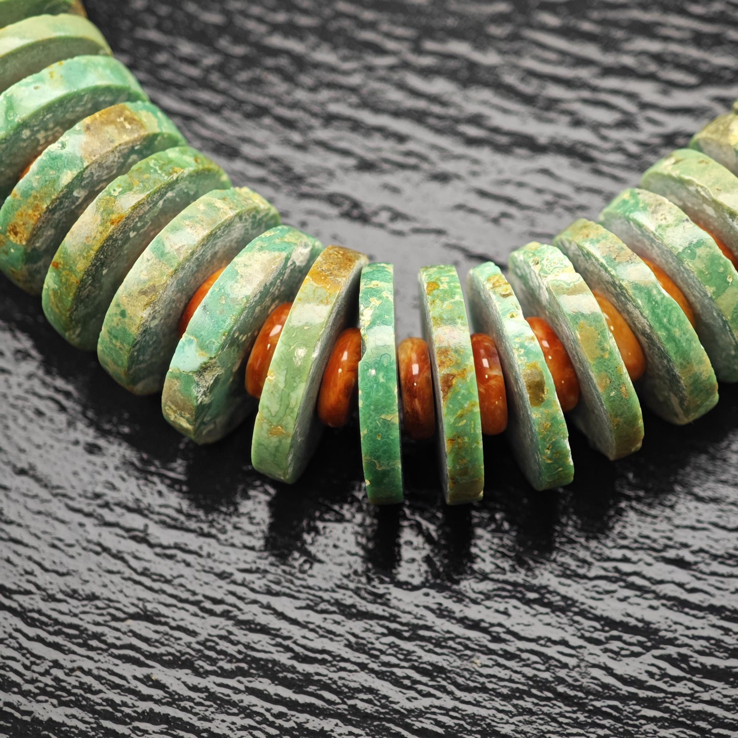 Heishi Necklace Turquoise and Spiny Oyster Beads Sterling Silver Graduated 7-21mm N2666