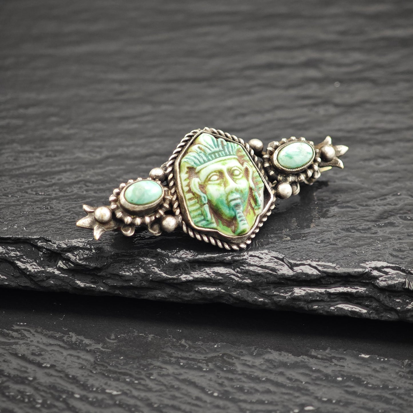 Egyptian Revival Green Turquoise Sterling Silver Brooch