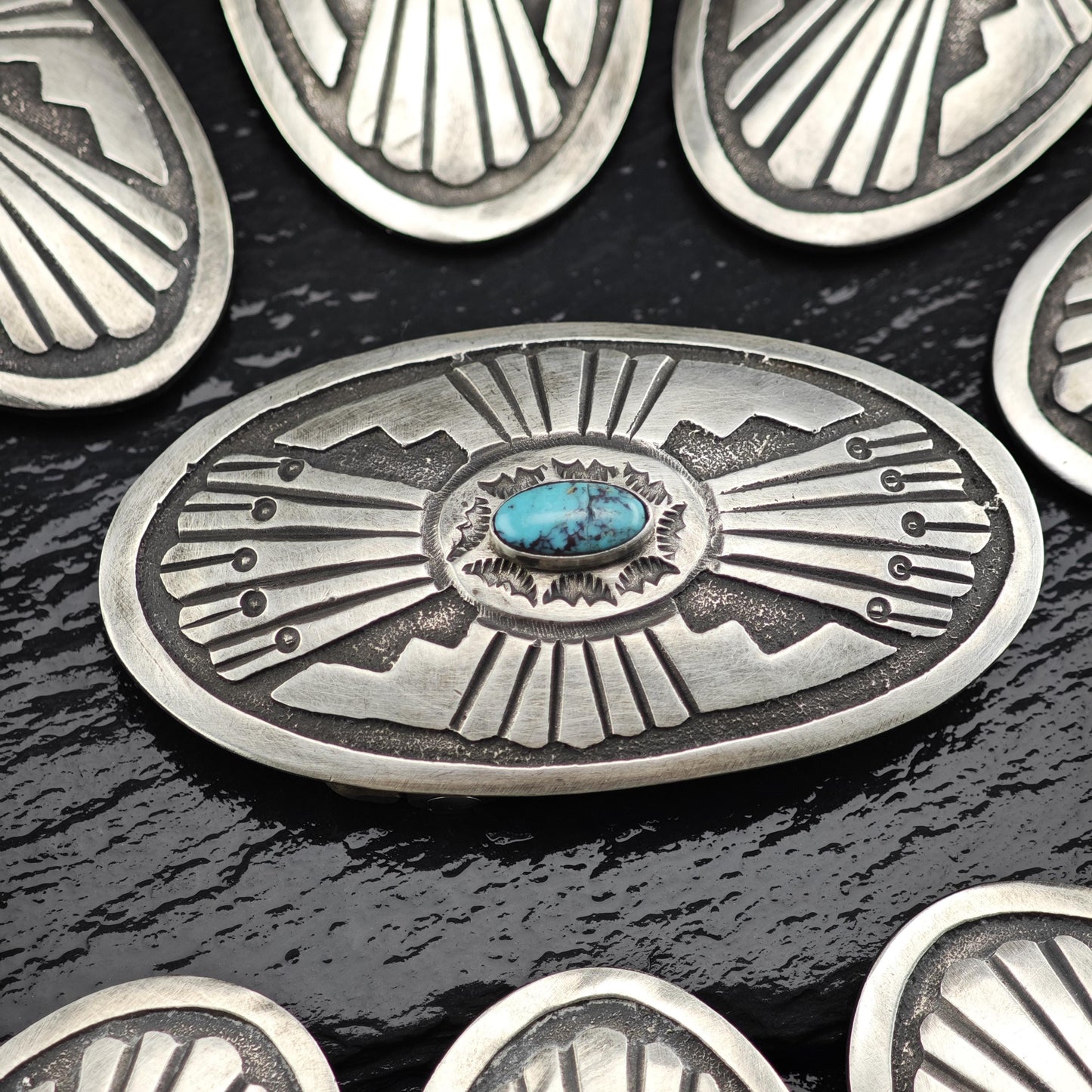 Navajo Turquoise Overlay Belt Buckle and Conchos Sterling Silver