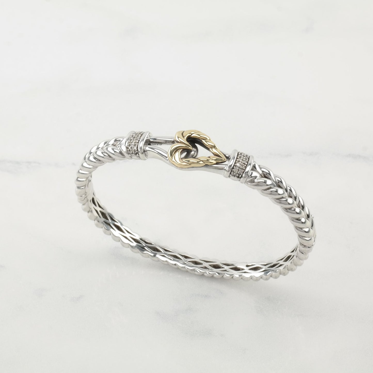 Alwand Vahan White, Gold Tone Diamond Hearts, 14k Gold Accent Sterling Silver Bangle Bracelet