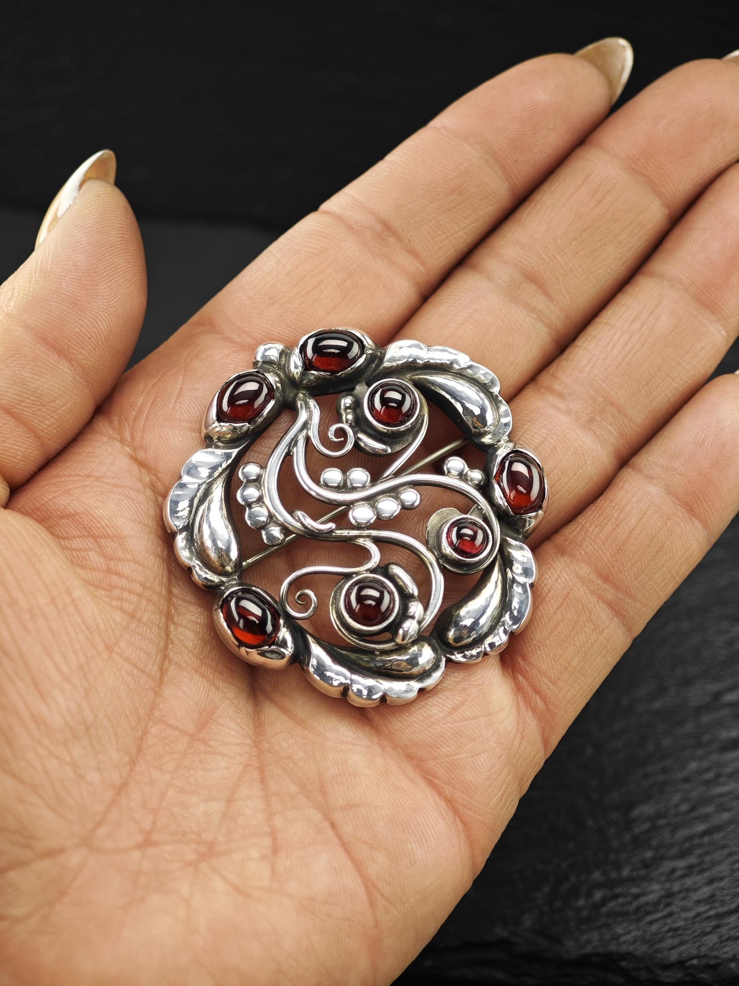 Georg Jensen 159, Garnet Moonlight Blossoms Brooch Sterling Silver