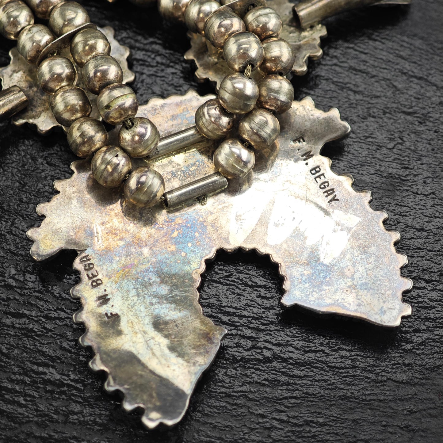 Vintage Navajo, Turquoise Floral Sterling Silver Squash Blossom Necklace