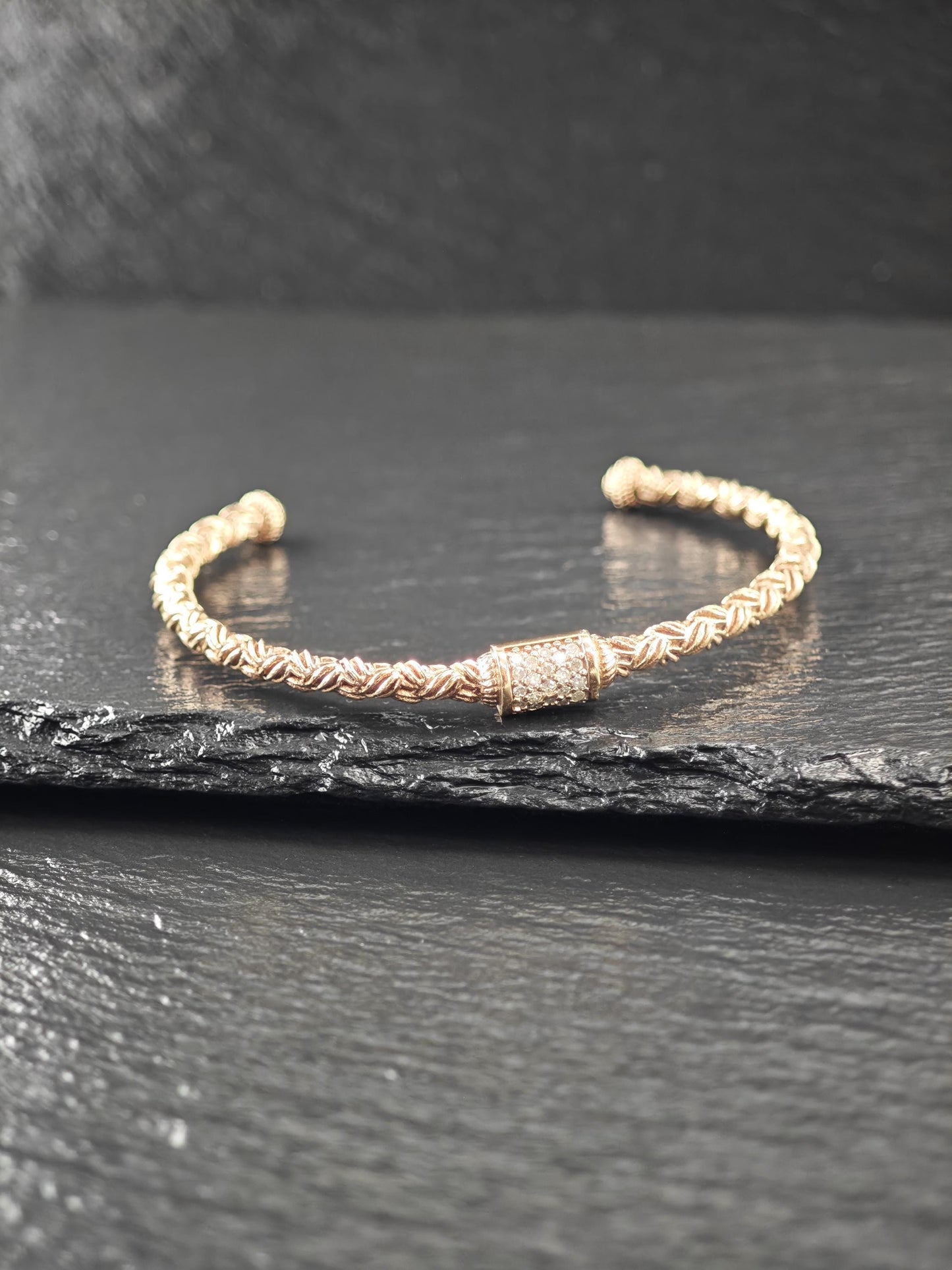 Rose Gold Plate Diamond Woven Cuff Bracelet Sterling Silver