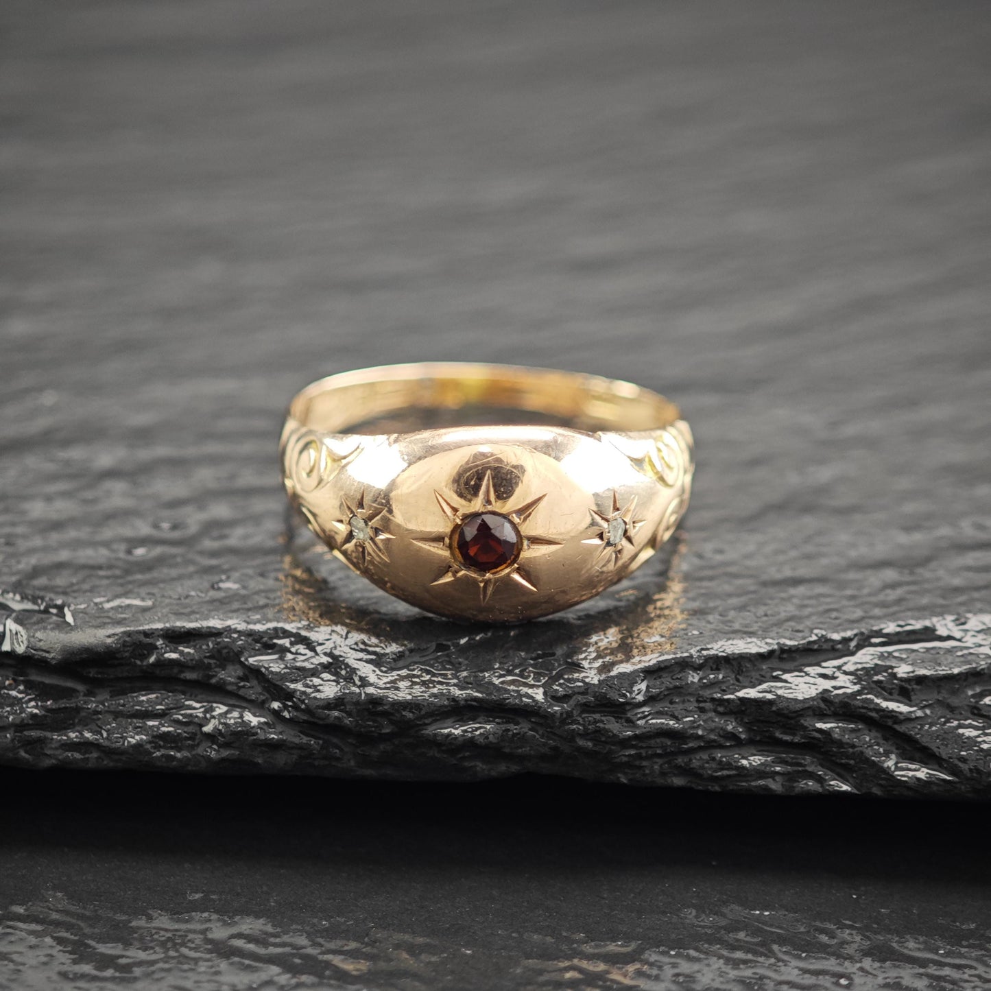 1909 Antique 9k Gold Ring Garnet Diamond Ring