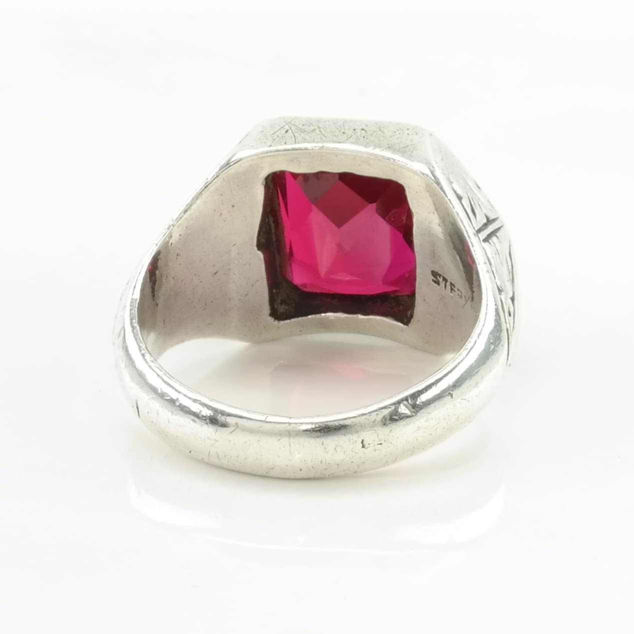 Art Deco Sterling Silver Ring Created Ruby Gold Accent Hand Engraved