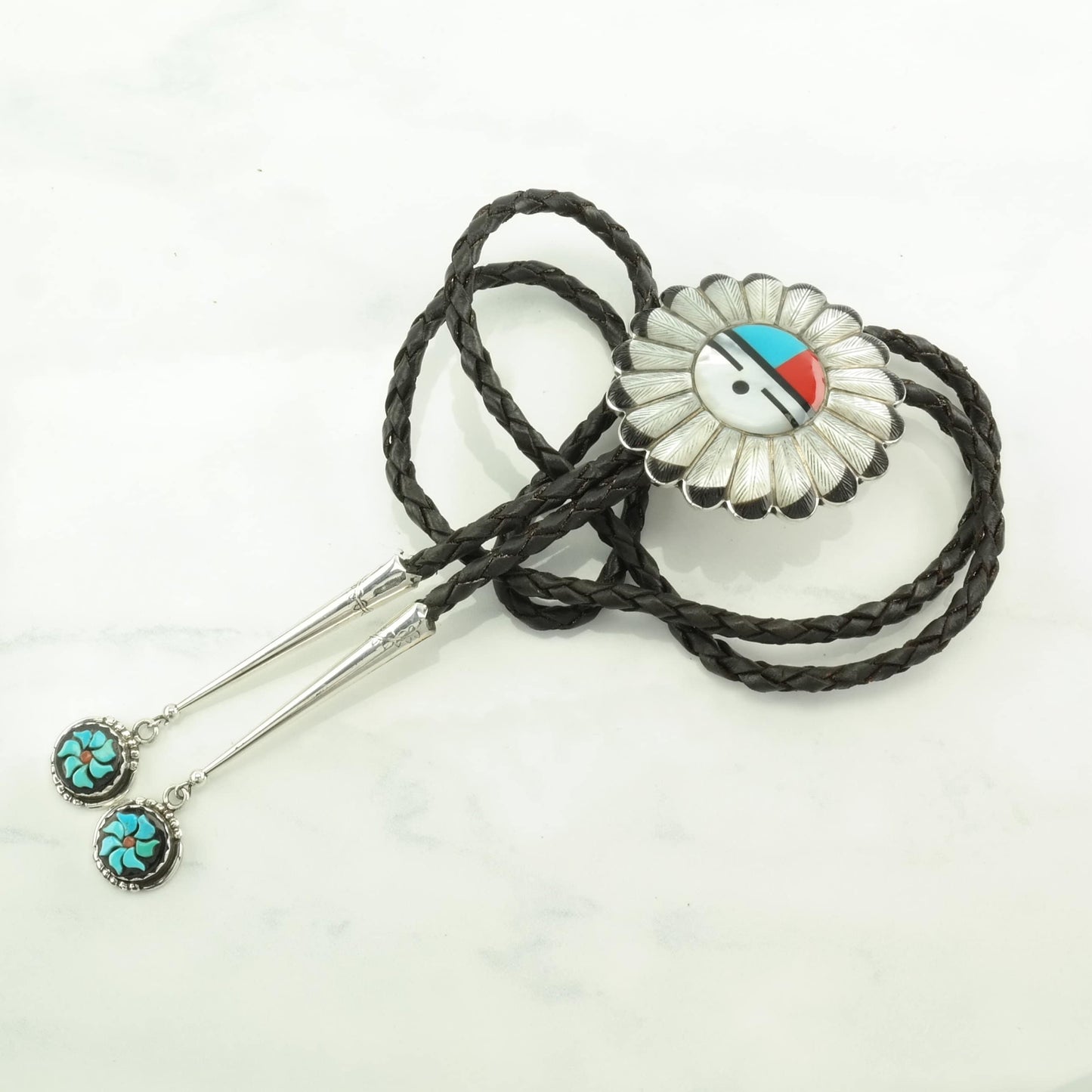 Vintage Bolo Tie Native American Sterling Silver Feather, Sun Inlay Necklace