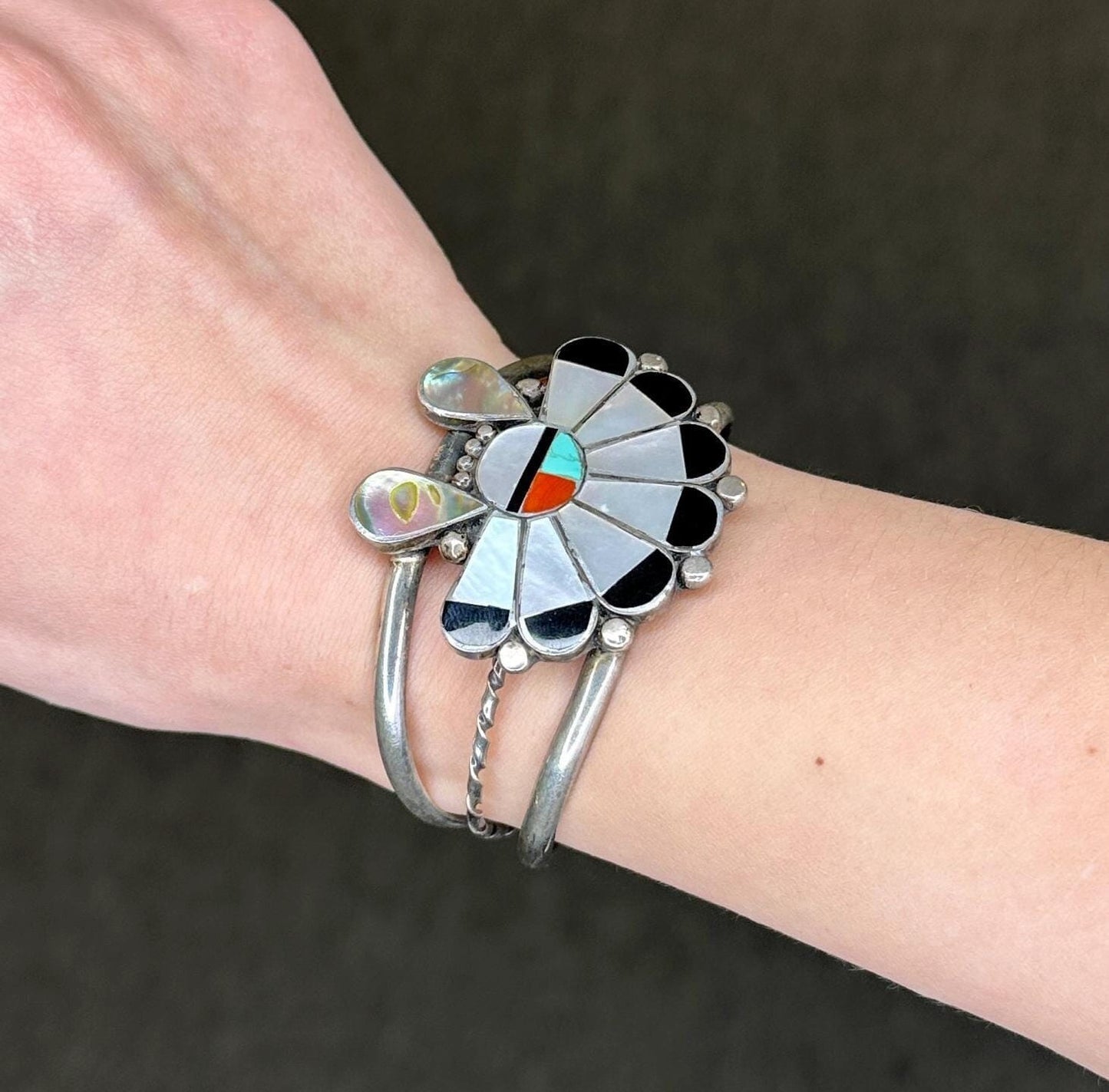 Native American Sterling Silver Cuff Bracelet | Gemstone Sun Inlay | Southwestern Jewelry