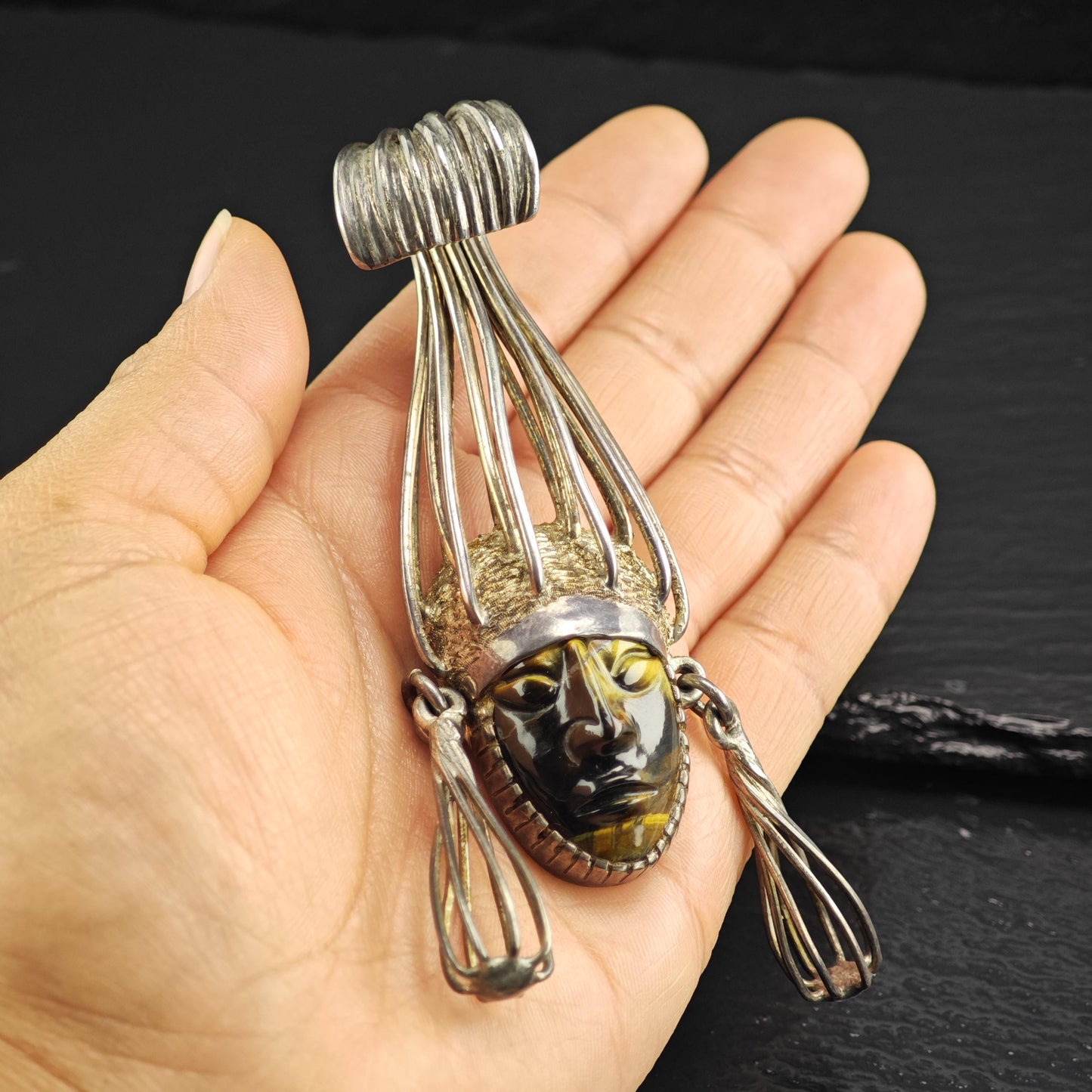 Taxco carved Tiger's Eye Aztec Warrior Pendant, Sterling Silver