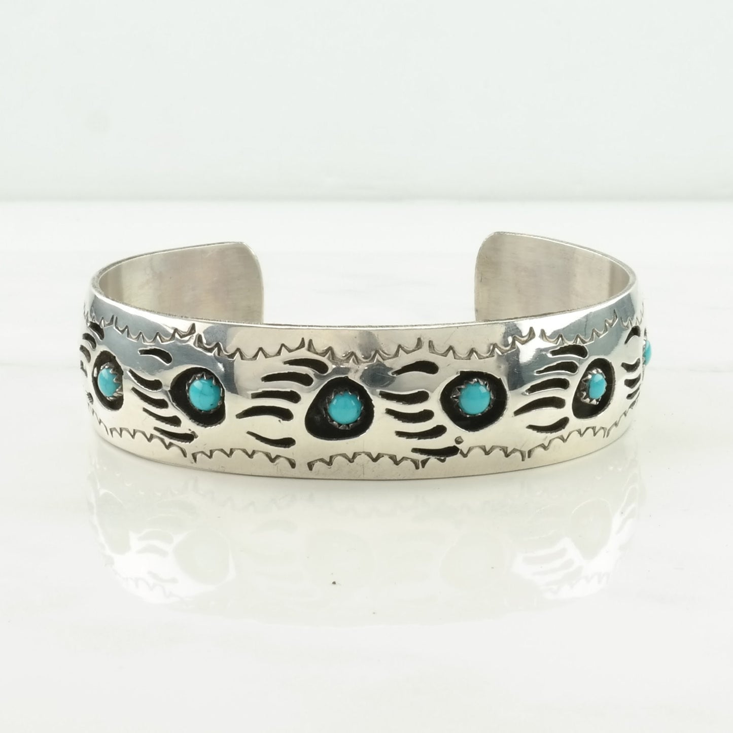 Native American Sterling Silver Cuff Bracelet Blue Turquoise Shadowbox, Bear Claw, Paw