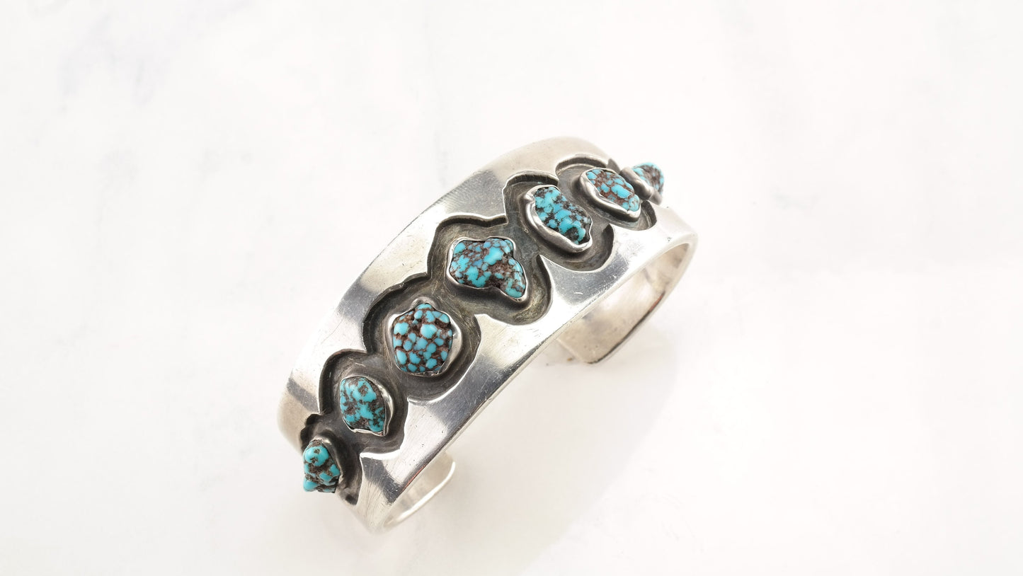 Native American Sterling Silver Cuff Bracelet Blue Spiderweb, Turquoise Nuggets