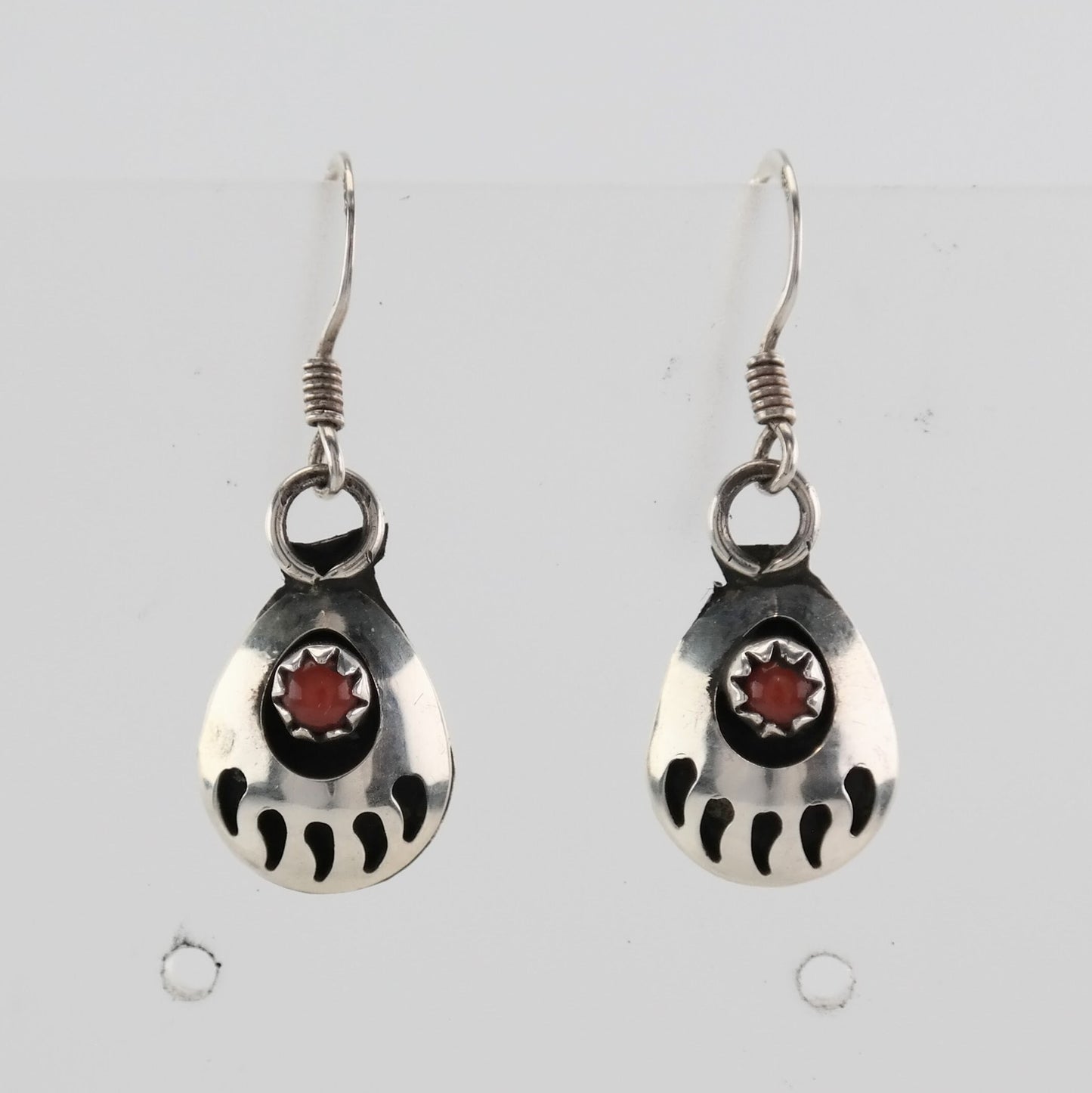 Native American Sterling Silver Coral Bear Paw Earrings Fish hook