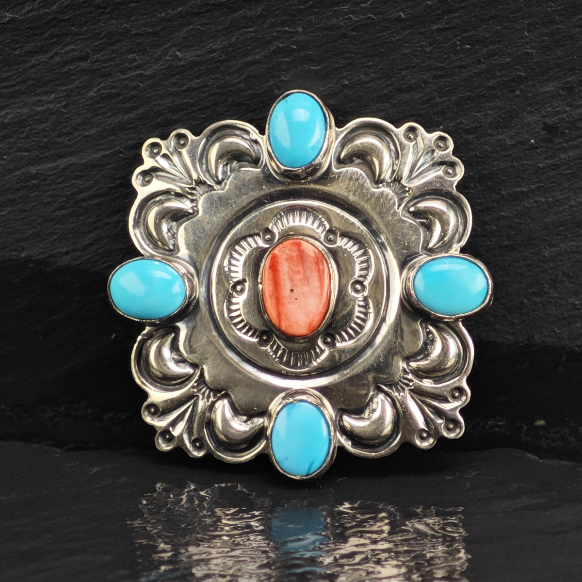 SW Turquoise & Spiney Oyster Brooch Sterling Silver B2241