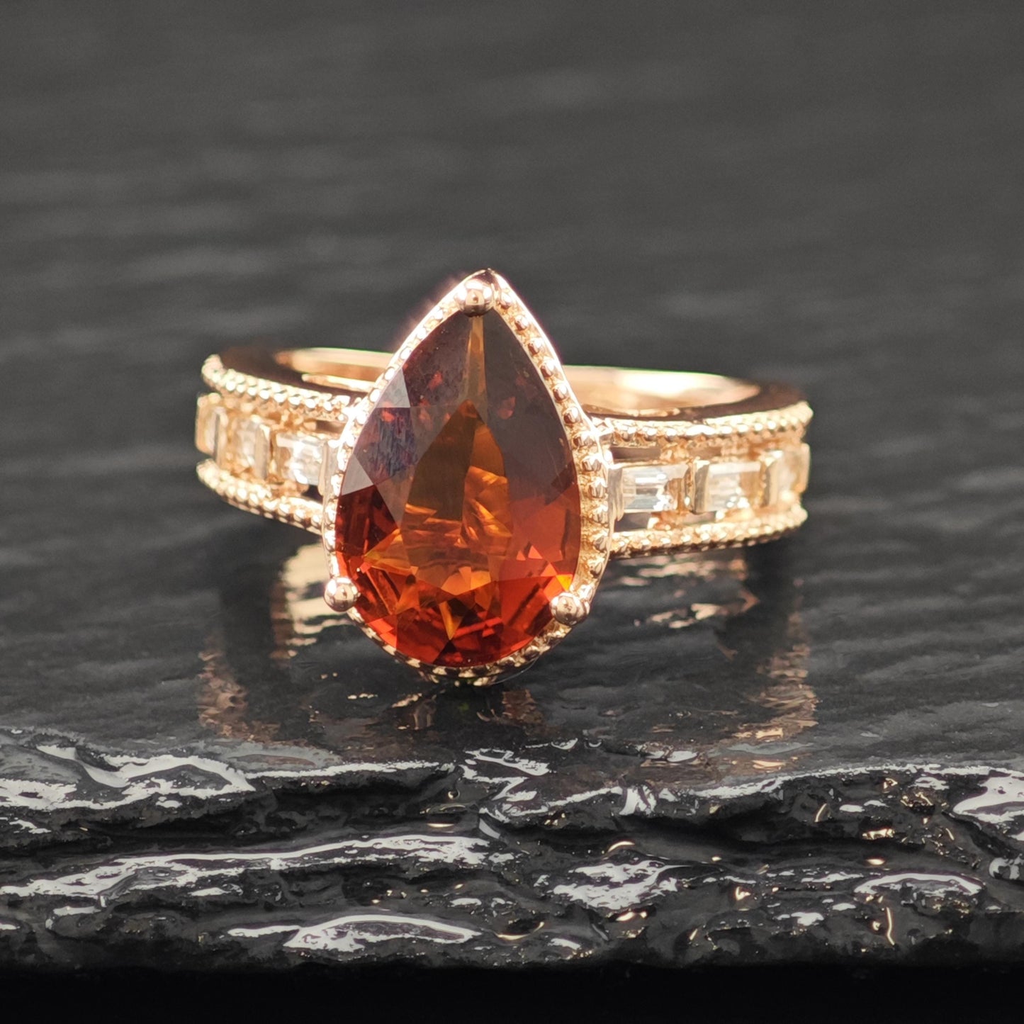 Natural Garnet Teardrop 14K Rose Gold Plated Ring Sterling Silver Sz 6 R6168