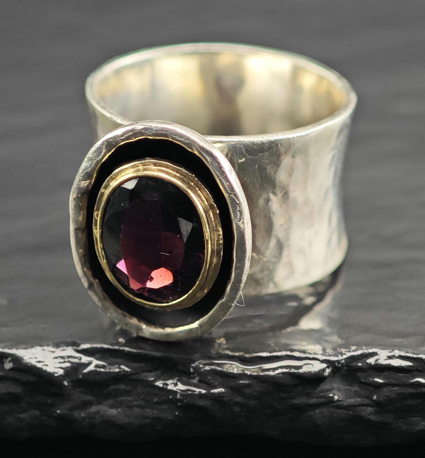 Handmade Garnet 14k Gold Bezel Ring Sterling Silver Sz 7 R6615