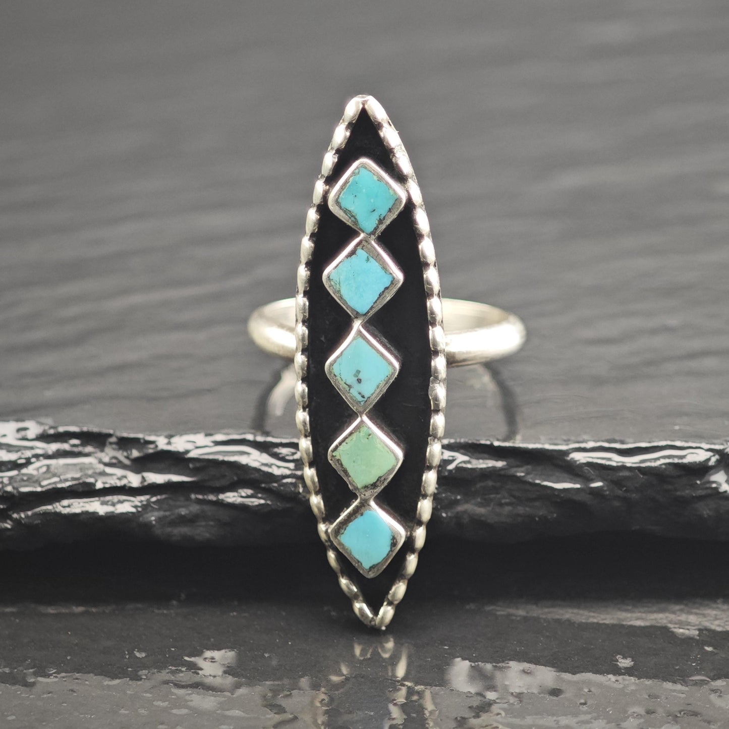 Zuni Square Turquoise Marquis Shape Sterling Silver Ring Sz 5 3/4 R6656