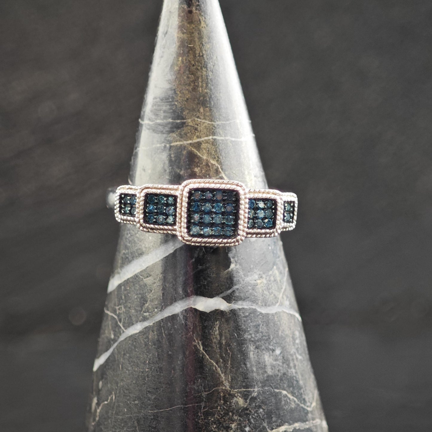 Blue Diamond Square Design Sterling Silver Sz Ring 9 R6604