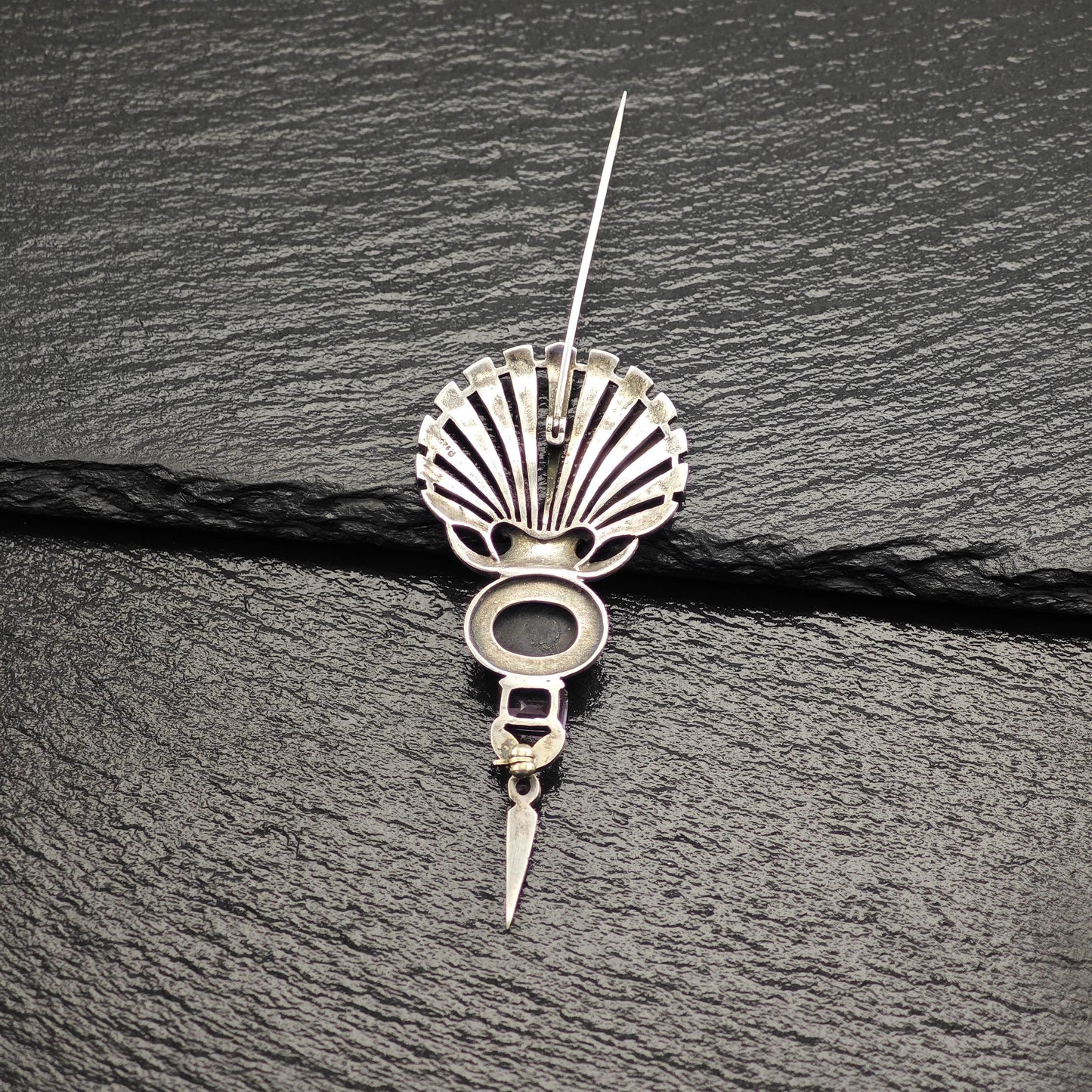 Art Deco Style Onyx, Amethyst, Marcasite Sterling Silver Brooch