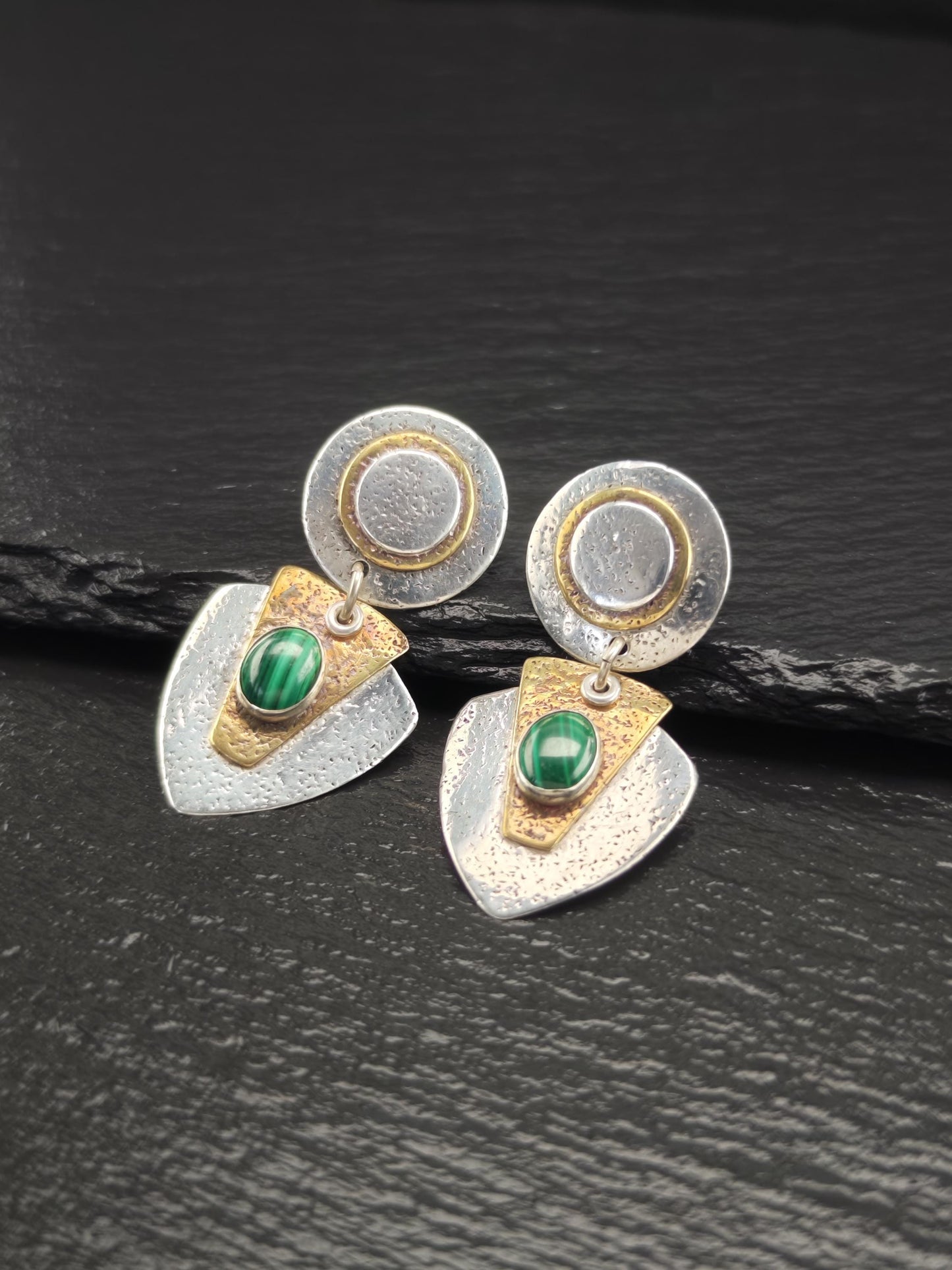 Modernist Green, Gold Malachite Brass Stud/Dangle Earrings Sterling Silver