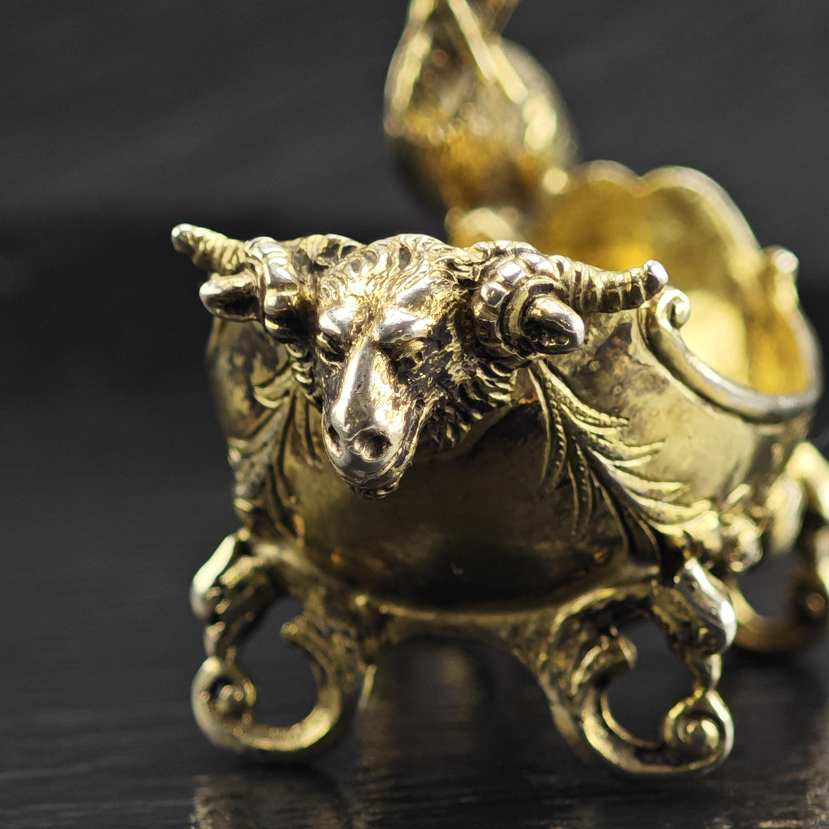 European Gold Gilded Stork/Baby with Ramhead Crib Sterling Silver Bowl Figurine MISC0395