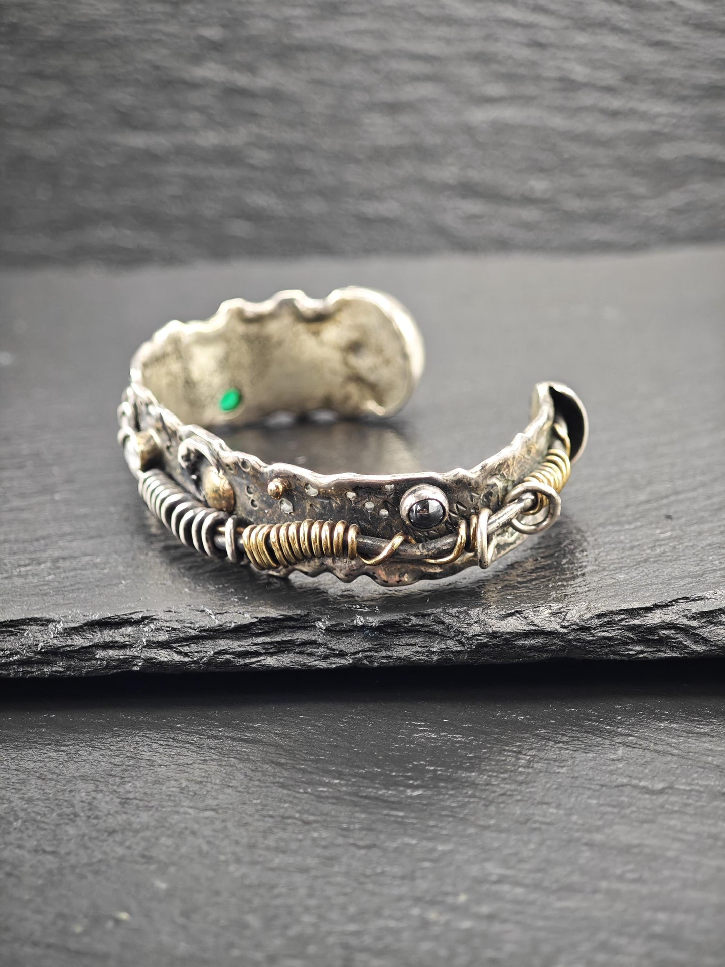 Brutalist Alligator, Moonstone, Onyx 14K Gold Accents Cuff Bracelet Sterling Silver