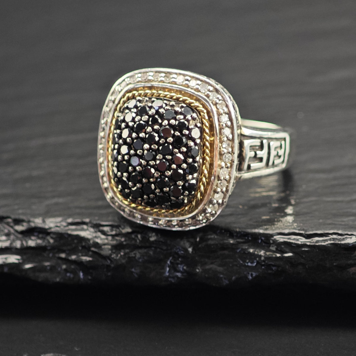 EFFY Black & White Diamond 18K Gold Accent Sterling Silver Ring Sz 7 R6731
