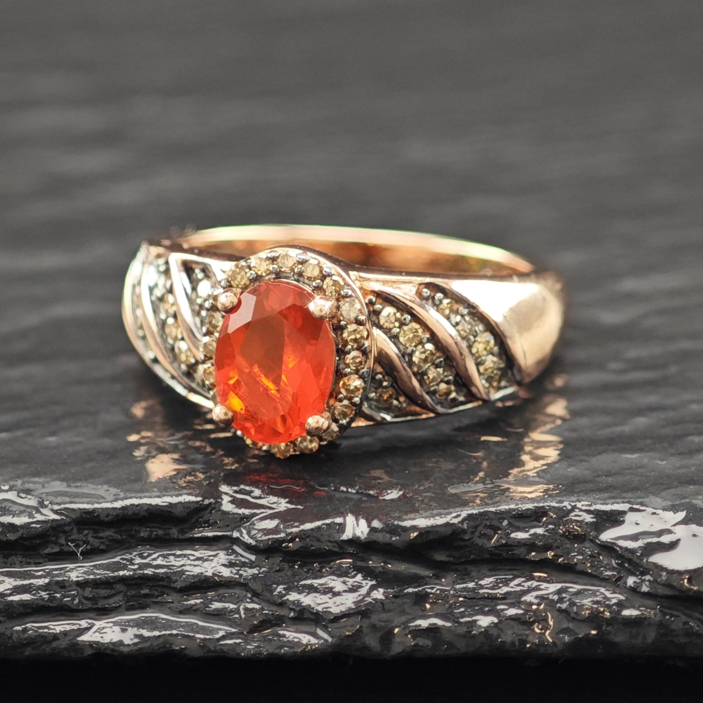 Fire Opal Brown Diamond 14K Rose Gold Plated Ring Sterling Silver Sz 5 R6170