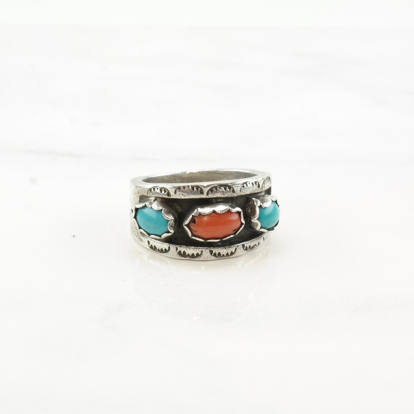 Native American Silver Ring Turquoise Coral Shadowbox Band Sterling Size 8 3/4