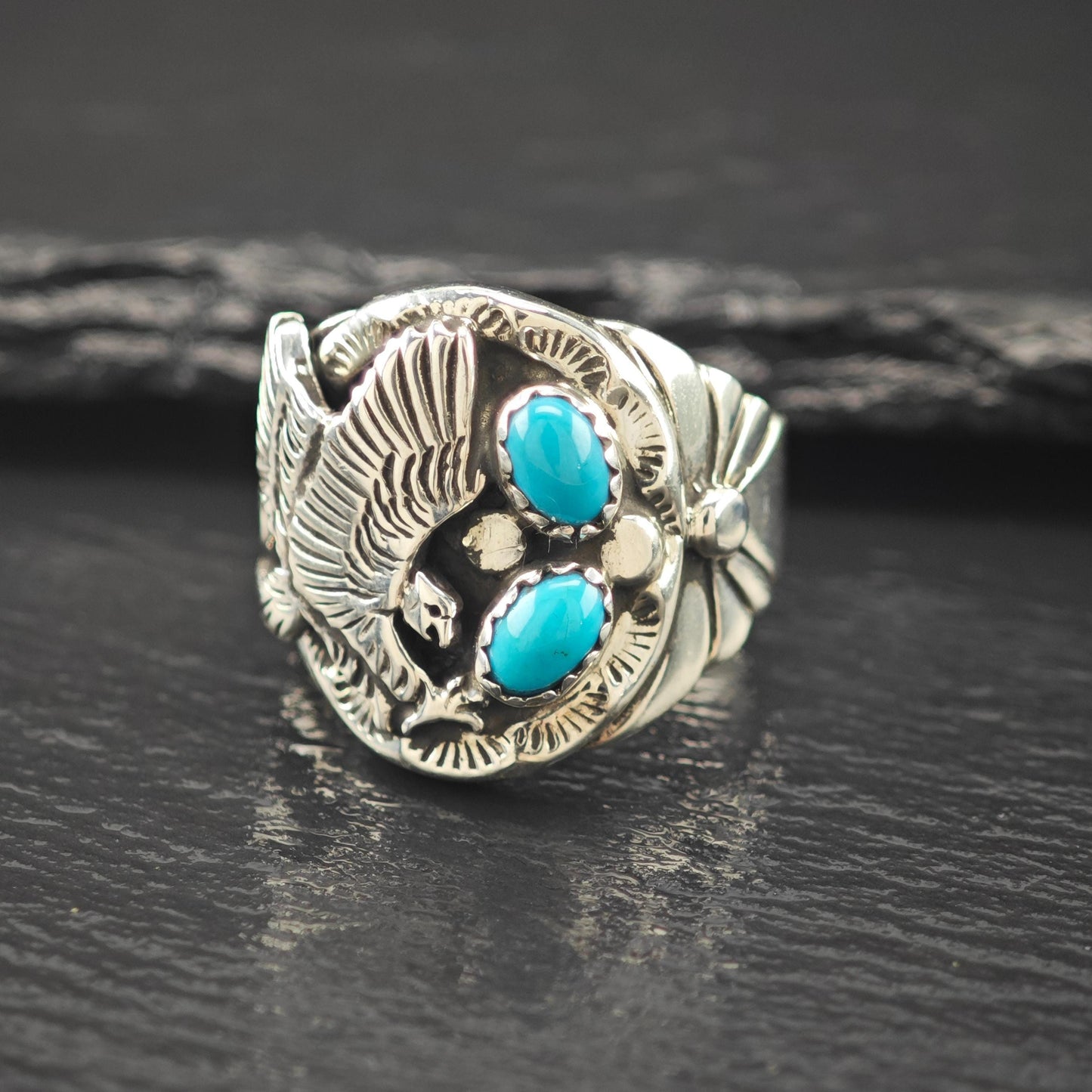 Native American Eagle Block Turquoise Ring Sterling Silver