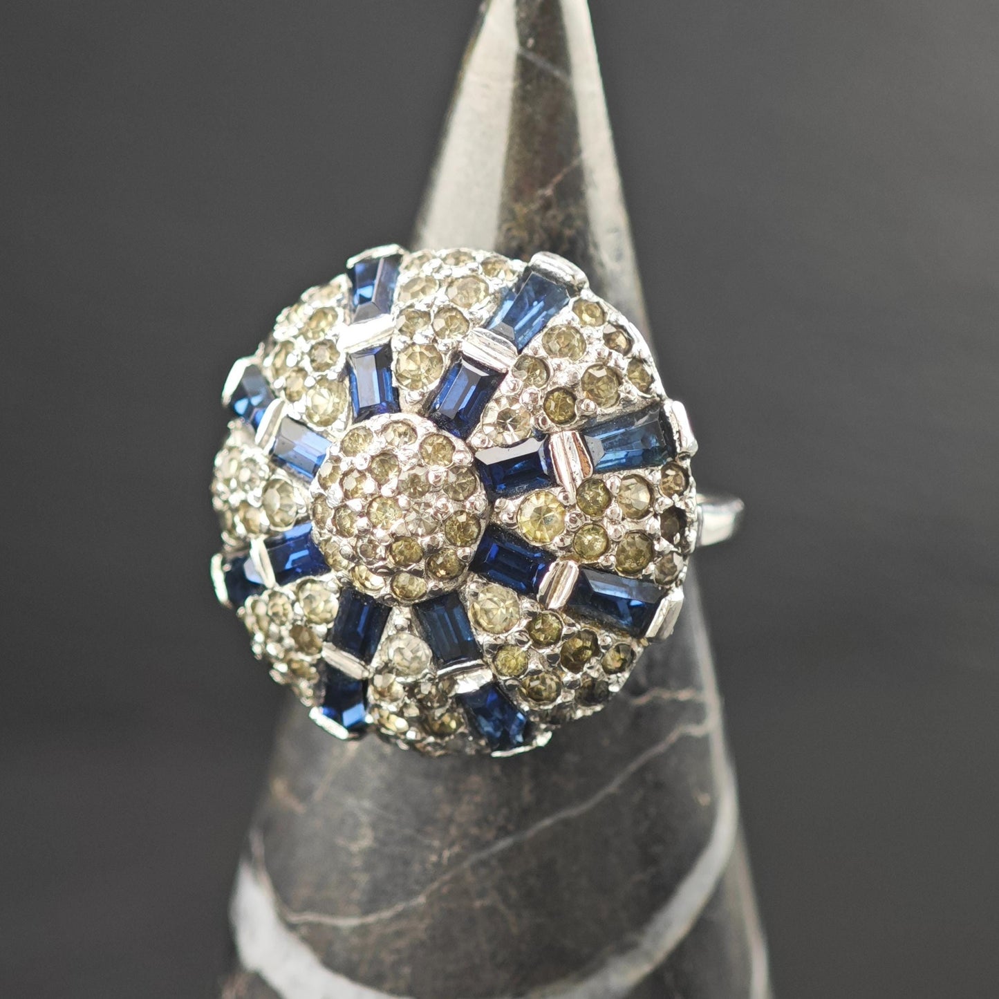 Art Deco Blue and White Dome Ring Sterling Silver Shank