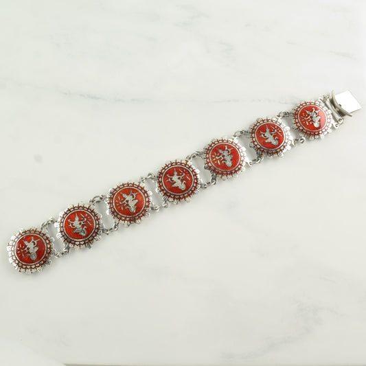 Vintage Red Niello Siam Bracelet Sterling Silver Link Enamel Dancer, Goddess