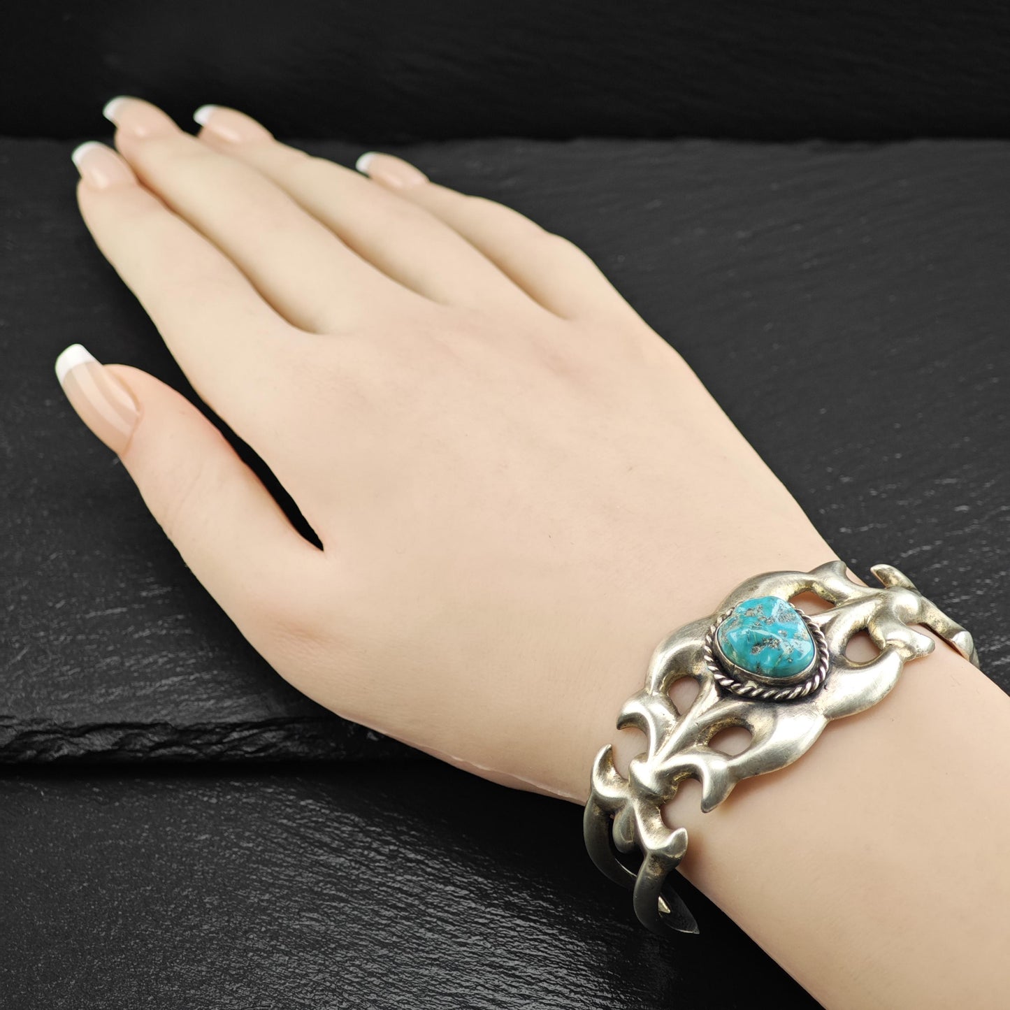 Native American Sandcast Turquoise Cuff Bracelet Sterling Silver