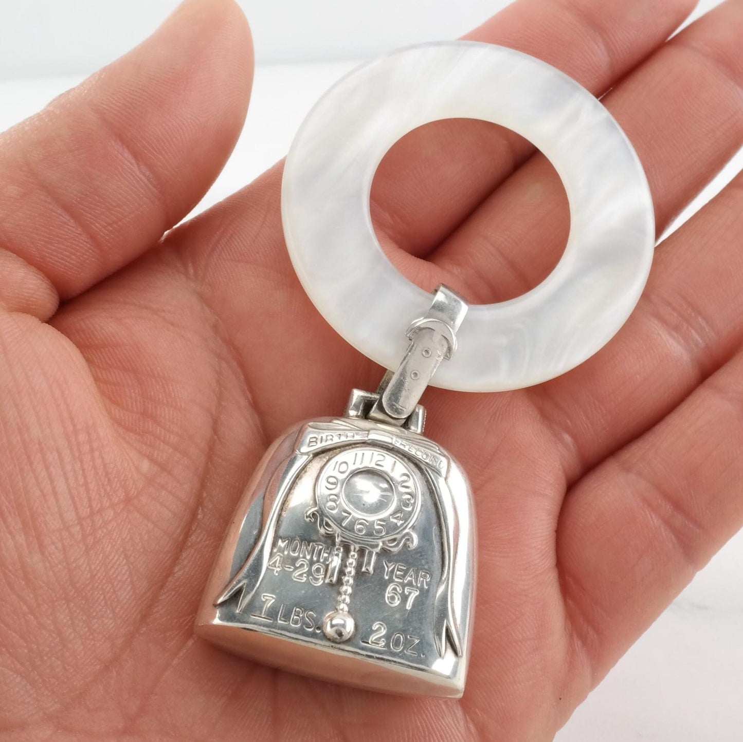 Sterling Silver Mother of Pearl, Engraved Web Mop 1960's Baby Rattle MISC0112